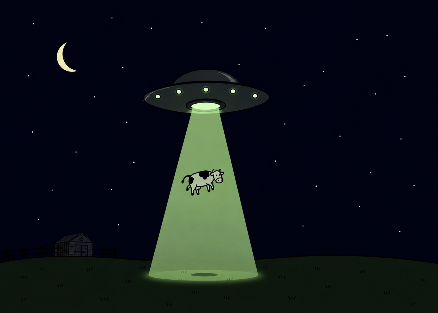 UFO abducting a cow at night with a barn nearby